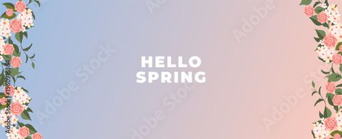 Hello spring pastel gradient banner with floral border frame background