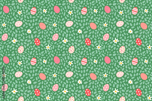 Easter eggs and daisies on grass vector seamless pattern, Cute spring background for Easter egg hunt designs