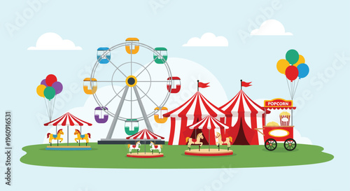 Sunny amusement park landscape with a large ferris wheel colorful carousels circus tents and a popcorn cart on vibrant green grass field.