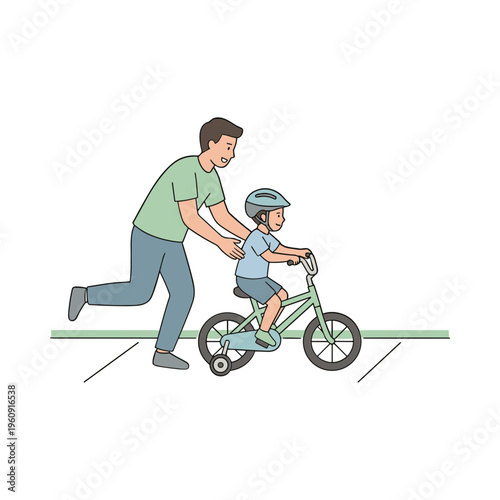Father teaching little girl to ride bicycle on road with green line