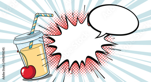 Vibrant pop art illustration of a chilled orange juice glass with a blue striped straw cherry and empty speech bubble on a radial background.