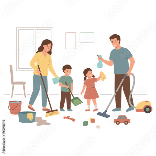 Family cleaning together at home with tools and toys scattered around
