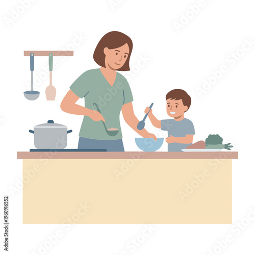 A woman and a boy are cooking together in a kitchen