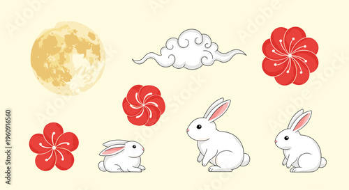 Traditional Mid Autumn Festival elements featuring a glowing moon white rabbits stylized clouds and red plum blossoms on a yellow background.