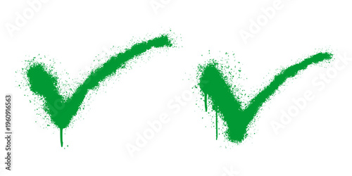 Green Check Mark Graffiti Tag Made with Spray Paint Featuring Authentic Aerosol Drips and Gritty Texture.