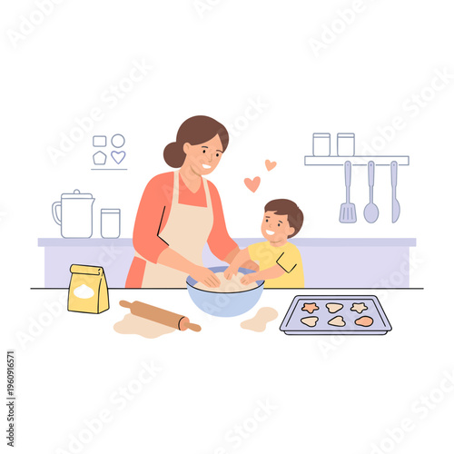 Woman and child baking cookies together in a kitchen