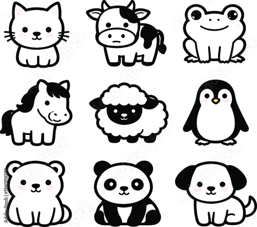 Cute vector animal icon set featuring cats, dogs, lions, bears, elephants and other animals in a simple black silhouette style collection