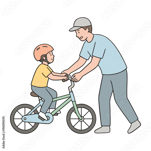 A man helps a child ride a bike in a park with safety gear.
