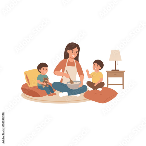 A woman cooks with two children in a cozy living room setting.