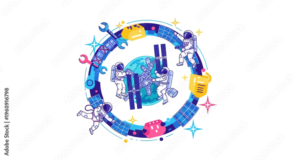 Obraz premium Illustration of a family with astronaut characters celebrating International Day of Human Space Flight in outer space with a colorful galaxy background and planetary icons.