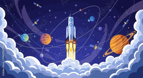 Illustration of a rocket launching into outer space with planets and clouds, celebrating the International Day of Human Space Flight.