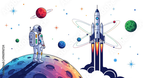 Illustration of an astronaut standing on a colorful planet with a rocket launching into outer space on International Day of Human Space Flight.
