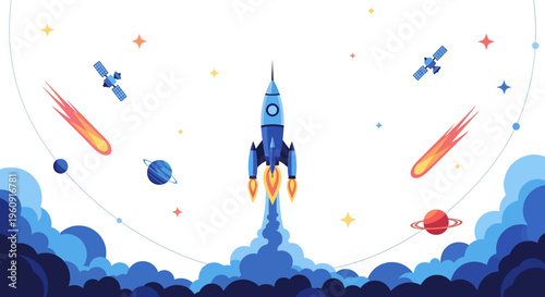 Illustration of a rocket launching into outer space with planets, stars, and satellites on International Day of Human Space Flight, a global event celebrating space exploration and human