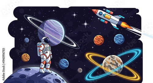 Illustration of an astronaut standing on the moon with planets and a rocket in outer space, celebrating the International Day of Human Space Flight.