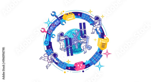 Illustration of a family with astronaut characters celebrating International Day of Human Space Flight in outer space with a colorful galaxy background and planetary icons.