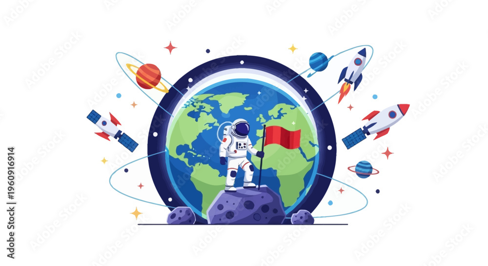 Fototapeta premium Illustration of an astronaut standing on a planet with a red flag, surrounded by space icons, rockets, and planets on a white background, celebrating the International Day of Human Space
