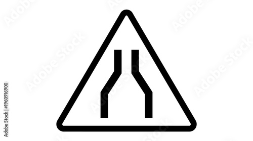 Road Narrows Ahead Warning Traffic Sign Icon, Isolated White Background