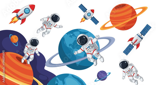Illustration of astronauts and spacecraft in outer space with planets and a galaxy on International Day of Human Space Flight.