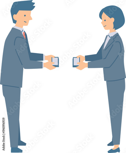 名刺交換をする女性と男性のイラスト