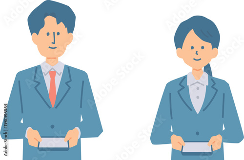 名刺交換をするスーツの人物の上半身イラスト