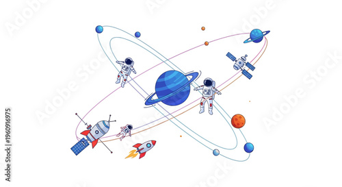 Illustration of astronauts and spacecraft in outer space with planets and a galaxy on International Day of Human Space Flight.