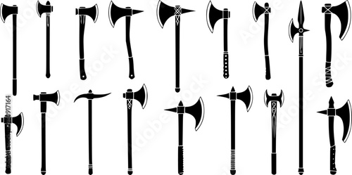 Medieval Battle Axe and Historical Weapon Collection - Viking Warrior Hatchet Silhouettes Vector Set