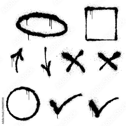 Large Set of Nine Black Graffiti Tag Elements Including Arrows and Symbols with Raw Aerosol Drips.