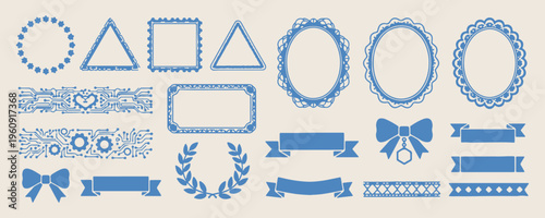 Geometric frame border doodles, hand drawn vintage mirror shapes, ornamental label scroll sketches, whimsical decorative wreath icons, elegant plaque line art, antique picture frame stickers, floral l