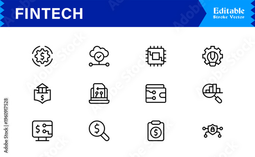 Fintech Banking Finance Modern Minimal Line Icon Set for Digital Payment and Crypto Solutions