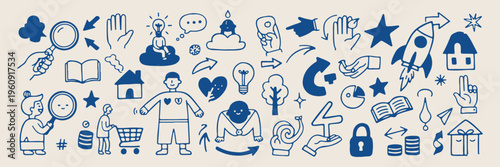 Social media marketing doodle icons, hand drawn communication strategy sketches, digital engagement and growth elements, whimsical internet community clip art, content creator lifestyle stickers, mode