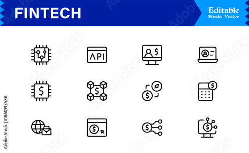 Fintech Banking Finance Modern Minimal Line Icon Set for Digital Payment and Crypto Solutions