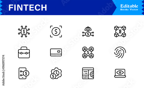 Fintech Banking Finance Modern Minimal Line Icon Set for Digital Payment and Crypto Solutions