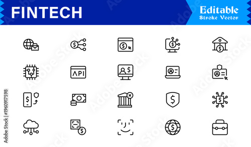 Fintech Banking Finance Modern Minimal Line Icon Set for Digital Payment and Crypto Solutions