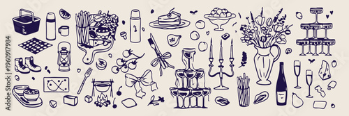 Luxury hotel amenities doodles, hand drawn high tea service, vintage hospitality service icons, boutique hotel stay sketches, fine dining restaurant elements, spa and wellness staycation, elegant room