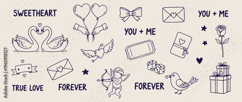 Hand drawn romantic doodle icons, vintage love heart sketches, valentine day scrapbooking elements, cute wedding planner stickers, arrow and bow graphics, romantic letter illustrations, whimsical anni