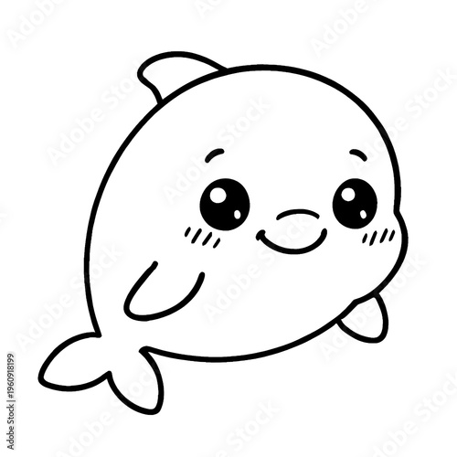 Kawaii Cute Dolphin Line Art for Coloring Book, Smiling Cartoon Ocean Animal