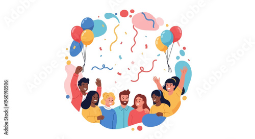 Vector illustration of diverse people celebrating International Day of Happiness with balloons and confetti on a colorful background, symbolizing global joy and rights to happiness.