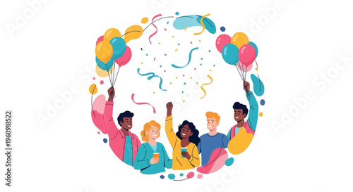 Vector illustration of diverse people celebrating International Day of Happiness with balloons and confetti on a colorful background, symbolizing rights and goals.