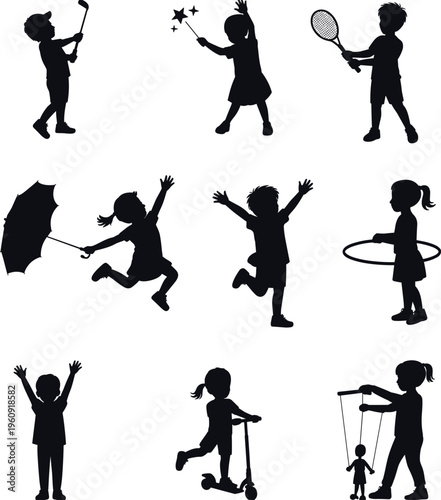 Set of children silhouettes collection playing, jumping, and enjoying activities with tennis racket, umbrella, scooter, and hula hoop, isolated on white background happy