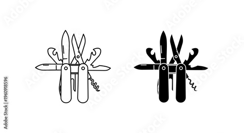 Compact survival multitool with scissors and pliers, showcasing two detailed line art illustrations in black and white, perfect for outdoor adventure and utility
