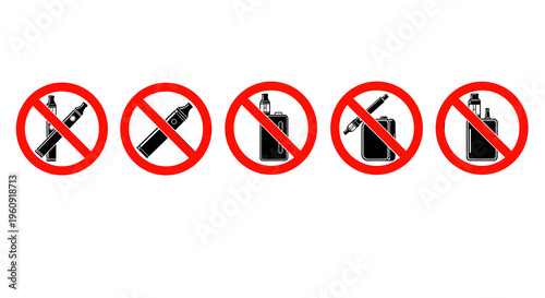 Set of five electronic cigarette prohibition signs on a white background representing a ban on vaping in public places and enclosed areas, ensuring a smoke-free environment for all individuals