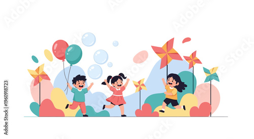 Illustration of children celebrating International Day of Happiness with balloons and icons on a colorful background, symbolizing joy and rights.