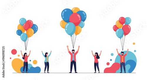 Illustration of people celebrating International Day of Happiness with colorful balloons and icons on a white background, symbolizing joy and rights to goals.