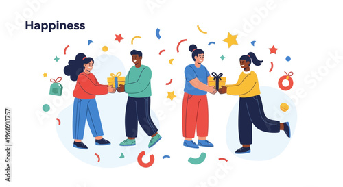 Illustration of diverse people celebrating International Day of Happiness with colorful confetti and balloons on a white background, symbolizing joy and rights to goals.