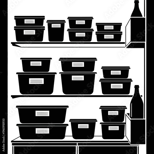 Black plastic containers on shelves storage.