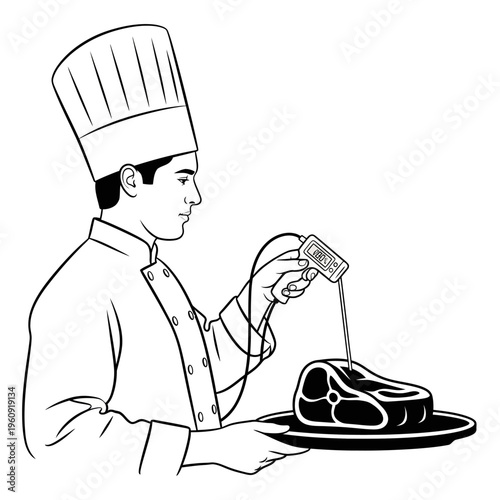 Chef drizzling sauce on steak plate.