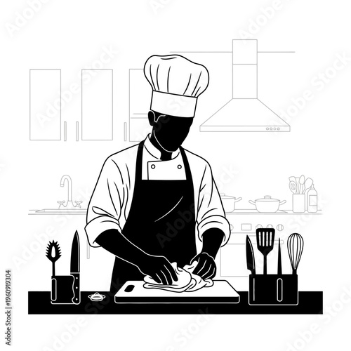 Chef preparing food in kitchen.