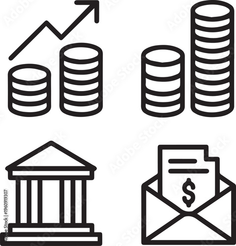 Vector business and finance editable stroke line icon set with money, bank, check,and more isolated outline thin