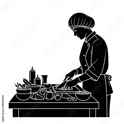 Chef preparing food in kitchen.