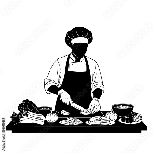 Chef preparing food in kitchen.